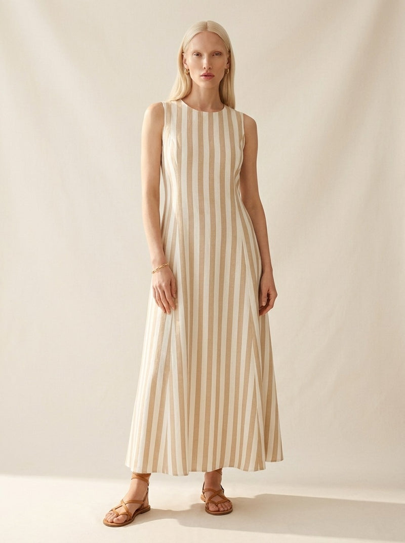 Vestido Torreón maxi lino rayas beige blanco look calle – ONVALERY