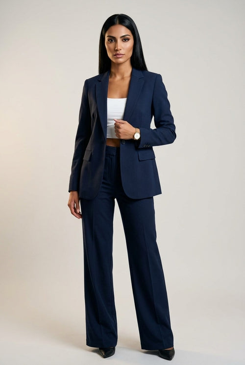 Vista lateral Conjunto Dubái azul marino blazer pantalón palazzo mujer – ONVALERY