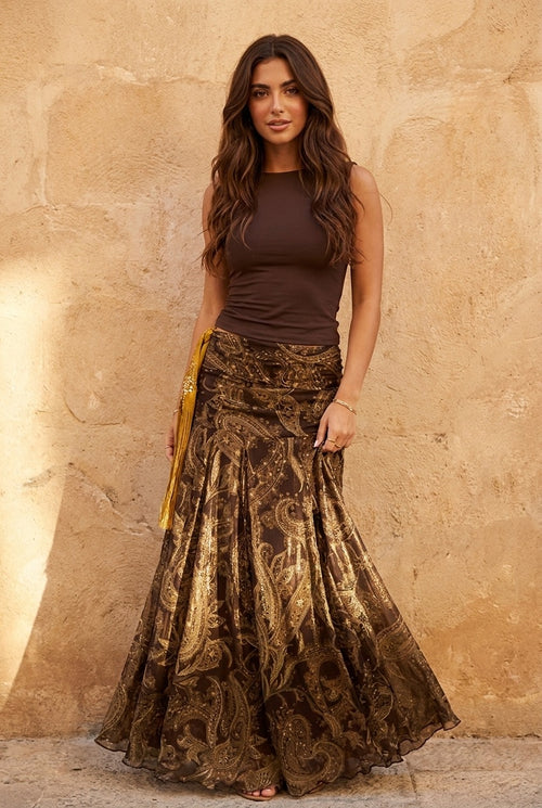 Falda Larga Marrakech paisley dorado marrón chocolate mujer vista frontal ONVALERY